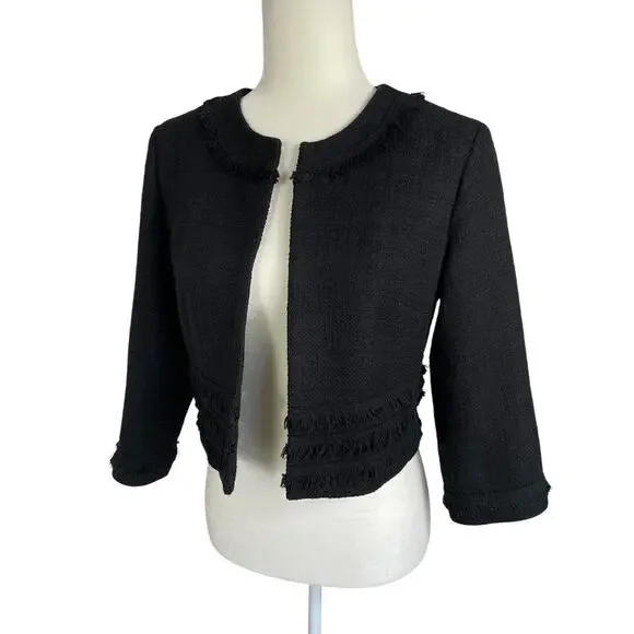 Karl Lagerfeld Paris Tweed Cropped Blazer Jacket Fringe Black Size Small Chic - Picture 3 of 15